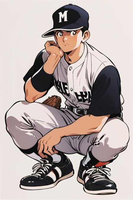 23674-1577855432-male focus, 1boy, baseball uniform, solo, hat, squatting, baseball mitt, sportswear, baseball cap, shoes, pants, white backgroun.png